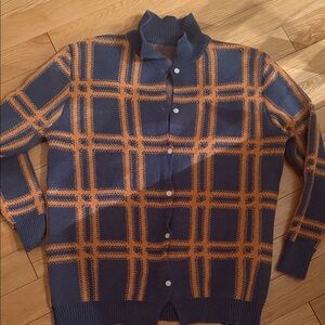 Plaid Button-Up Sweater - Navy and Orange